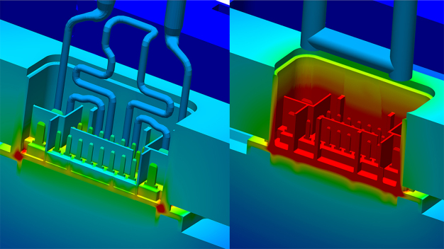 Temperaturverteilung kurz vor der Entformung, links die konturnahe Kühlung aus dem 3D Drucker (nur zur Hälfte sichtbar), rechts die konventionelle Kühlung. / Temperature distribution just before demolding, with conformal cooling from 3D printing on the left (only visible halfway trough), and conventional cooling on the right. 