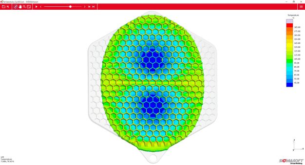 SIGMAinteract: Die Temperaturverteilung im Bauteil während des Einspritzvorgangs auf einem interaktiven 3D Modell, hier bei 74% gefüllt. / SIGMAinteract: Temperature distribution in the part during filling, shown on an interactive 3D model, here at 74% filled.