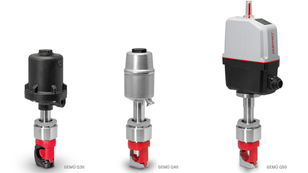 Single-Use Schlauchquetschventile: Pneumatisch betätigte Ventile GEMÜ Q30 und Q40 sowie elektromotorisch betätigtes Ventil GEMÜ Q50 eSyStep. / Single-use pinch valves: GEMÜ Q30 and Q40 pneumatically operated valves and GEMÜ Q50 eSyStep motorized valve.