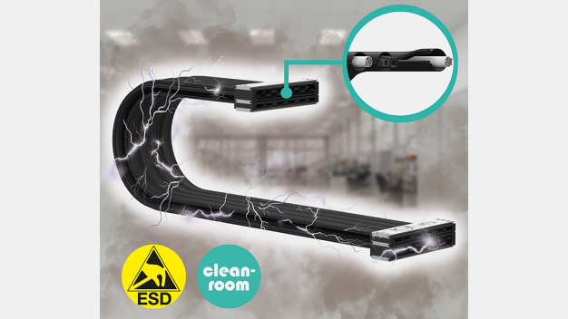 Für die sichere und partikelfreie Produktion von ESD-sensiblen Teilen hat igus eine elektrostatisch ableitfähige Variante der e-skin flat entwickelt – ebenfalls mit austauschbaren Leitungen. (Quelle: igus GmbH)