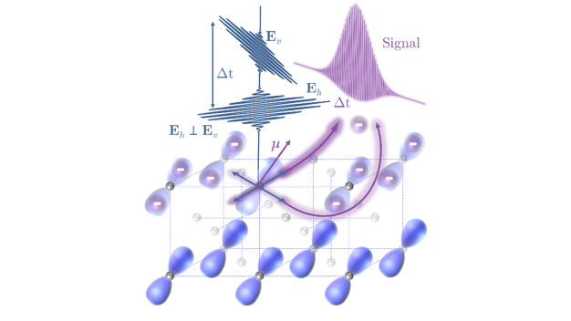 Optische Anregung im Festkörper mit anschließender Interferenz der photoemittierten Elektronen. Unten zu sehen sind die Orbitale, deren Orientierung bzgl. der Atompositionen (kleine weiße Kugeln) für die Orientierung der Übergansdipolmomente verantwortlich sind. Die Kurven illustrieren die von oben einfallenden optischen Anregungen durch zwei gekreuzte Pulse. Darüber ist die Form des zu erwartenden experimentellen Messsignals dargestellt. (Foto: Nature Communications)