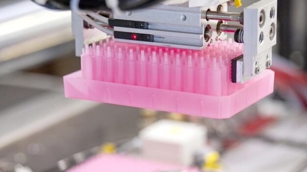 Vollautomatisch, effizient, sicher: An der Verpackungsanlage übernehmen Roboter die Entnahme und Prüfung der im Reinraum gefertigten Teile. (Bild: Pöppelmann)