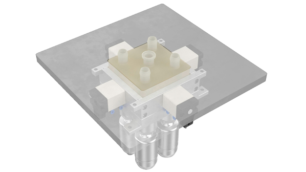 Single-Use Mehrwege-Ventilblock mit pneumatischer Verriegelung / Single-use multi-port valve block with pneumatic locking device