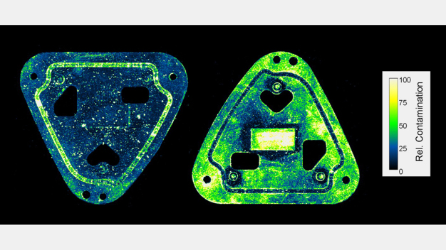 Fluoreszenzbild eines Bauteils in Falschfarbendarstellung - schwarze Bereiche sind sauber, weiße Bereiche sind stark verschmutzt. © Fraunhofer IPM