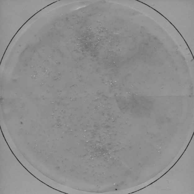 Restschmutz eines Bauteils, das mit einem Reinigungsverfahren mit starrem Düsensystem behandelt wurde. / Residual dirt of a component that was treated with a cleaning method using a rigid nozzle system. 