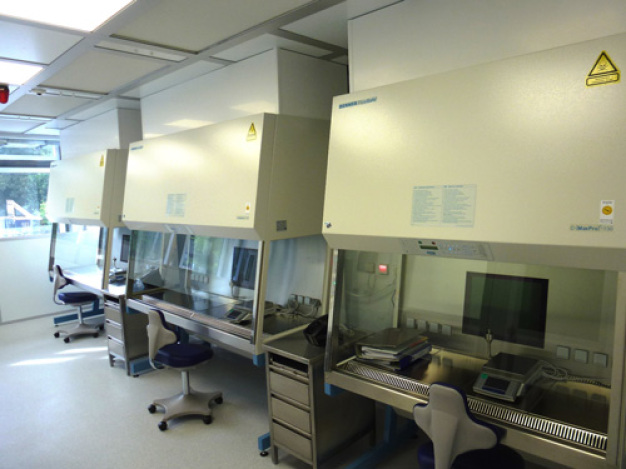 Cleanroom laboratory for cytostatics. CleanSteriCell® GMP A in B with safety workbenches.