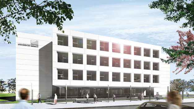 Rendering Frontalansicht Labor-Rotationsgebäude an der Universität Bonn (Bergstermann + Dutczak Architekten)