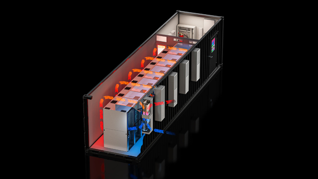 Durch die Hybrid-Technologie mit passiven Komponenten senken die Blue e+ Outdoor-Kühlgeräte nicht nur  CO₂ Emissionen, sondern lassen durch die platzsparende Integration an den Außenwänden auch mehr Platz für IT im Container. (Quelle: Rittal GmbH & Co. KG)