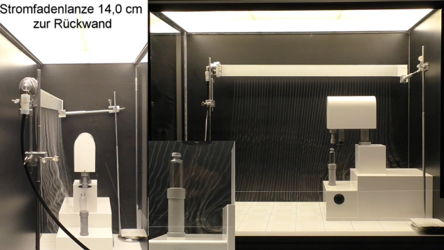 Test 1 – Visualisierung der Grundströmung / Abbildung 2: Visualisierung der Grundströmung mit Nebelfluid Extra Clean im linken Bild und per CFD-Simulation im mittleren Bild. Rechts im Bild die Visualisierung mit Wassernebel. Test 1 – Visualisierung der Grundströmung / Abbildung 2: Visualisierung der Grundströmung mit Nebelfluid Extra Clean im linken Bild und per CFD-Simulation im mittleren Bild. Rechts im Bild die Visualisierung mit Wassernebel.