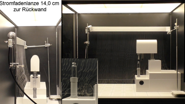 Test 2 – Visualisierung von Wirbelgebieten / Abbildung 3: Visualisierung des Wirbelgebiets mit Nebelfluid Extra Clean im linken Bild, per CFD- Simulation im mittleren Bild und mit Wassernebel im rechten Bild.