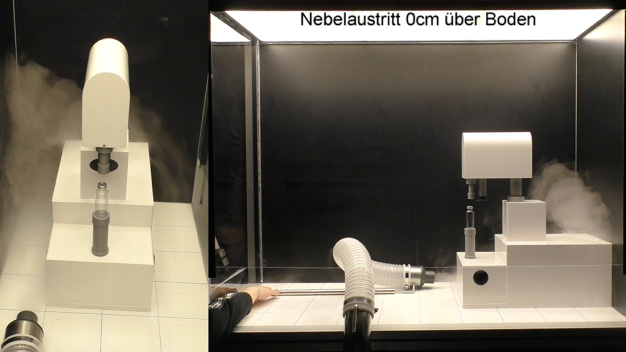 Test 3 – Visualisierung der Nebelaufstiegshöhe / Abbildung 4: Visualisierung der Nebelaufstiegshöhe mit Nebelfluid Extra Clean mit geringem Impuls im linken Bild. Im mittleren Bild die Visualisierung mit Wassernebel mit geringem Impuls. Im rechten Bild ebenfalls Wassernebel aber mit großem Impuls