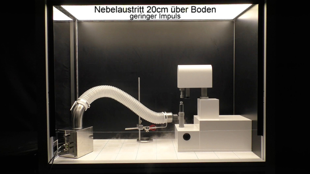 Test 4 – Visualisierung der Nebelausbreitung in den Wirbelgebieten / Abbildung 5: Visualisierung der Nebelausbreitung mit Nebelfluid Extra Clean mit geringem Impuls im linken Bild. Im mittleren Bild per CFD-Simulation und im rechten Bild mit Wassernebel mit geringem Impuls