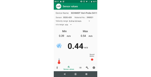 SCHMIDT® Sensor App zur Echtzeit-Anzeige der Strömungsgeschwindigkeit sowie der Sensor-Informationen; z. B. Sensor-Name, Seriennummer, Modell, Artikelnummer, Messbereich, Minimal- und Maximal-Wert und aktueller Messwert. Durch Drücken des roten „Record Button” wird in Echtzeit aufgezeichnet.