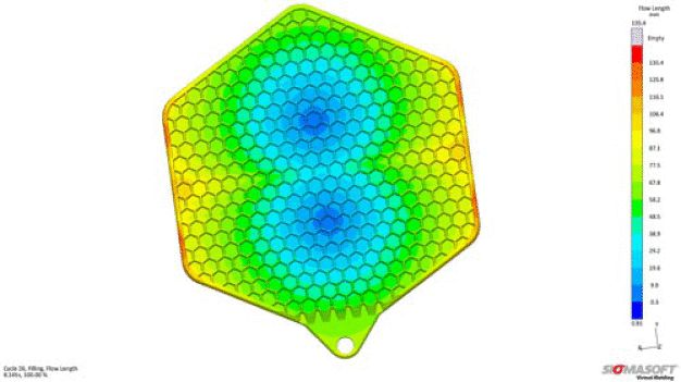 Eine Fließweglänge von 135 mm bei einer feinen Wabenstruktur mit einer Wandstärke von 1 mm in den meisten Bereichen  – Interessierte erleben die virtuelle und reale Produktion des Topflappens an den Ständen von Momentive und SIGMA Engineering. / A Flow length of 135 mm with a fine honeycomb structure and a wall thickness of 1 mm in the majority of the part – Interested visitors can experience the virtual as well as real production of the pot cloth at the booths of Momentive and SIGMA Engineering. 