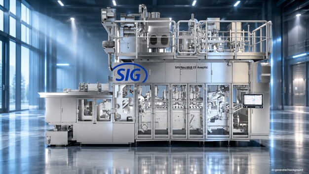 SIG is further expanding its state-of-the-art SIG Neo filling machine portfolio for aseptic cartons, responding to the food and beverage industry’s pressing need for high Output and highly flexible production without costly facility expansion. The two new additions to the SIG Neo platform – SIG Neo XSlim 32 Aseptic for single-serve cartons and SIG Neo Midi 15 Aseptic (photo) for multi-serve cartons – deliver both, speed and flexibility, in compact machine footprints. (Photo: SIG/AI-generated Background)
