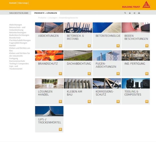 Die Anwendungsgebiete der Produkte und Systemlösungen der Sika Deutschland sind vielfältig – von der Dachabdichtung über die Bodenbeschichtung und Betontechnologie zum Brand- und Korrosionsschutz.