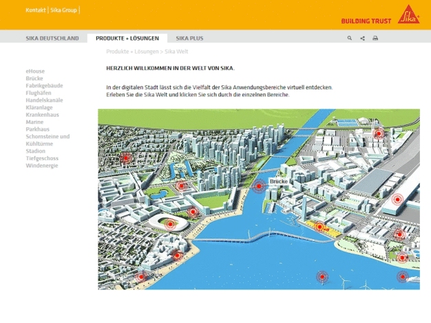 Die Sika Welt bildet eine digitale Stadt ab, über die alle Anwendungsbereiche virtuell entdeckt werden können. 