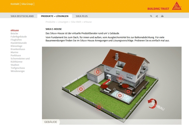 Eine virtuelle Produktberatung sowie Anregungen und Lösungsvorschläge rund um das gesamte Gebäude sind Dank des Sika e-House möglich. 
