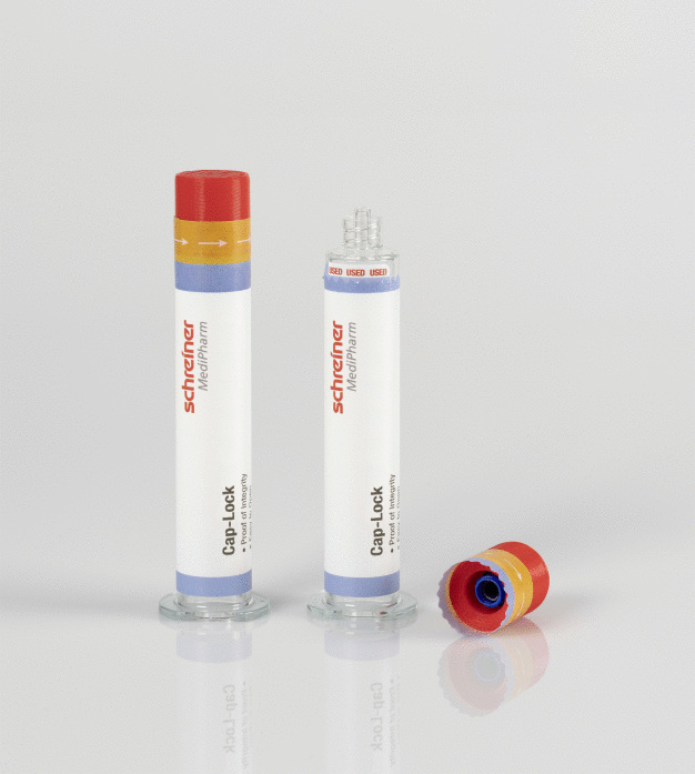 Cap-Lock von Schreiner MediPharm schützt Spritzen einfach, intuitiv und sicher vor unbemerkter Manipulation. / Cap-Lock from Schreiner MediPharm easily, intuitively and safely protects syringes against undetected tampering attempts.