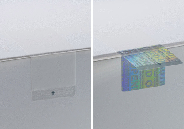 Verschlossen wirkt das Covert-Hologram Seal fast unscheinbar (links); erst wenn es geöffnet wird, kommt der irreversible holografische Effekt zum Vorschein (rechts). / The closed Covert-Hologram Seal appears nearly inconspicuous (left); the irreversible holographic effect only emerges when the seal is opened (right).