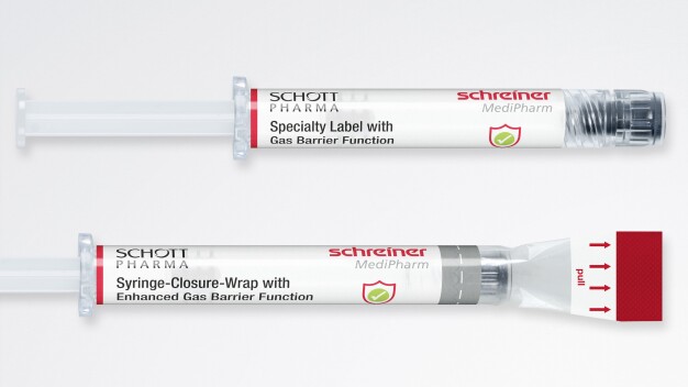 Two barrier solutions for COC syringes: The Gas-Protect-Label protects the syringe body, the Syringe-Closure-Wrap additionally wraps around the syringe cap, thus further increasing the gas barrier. © Schreiner MediPharm