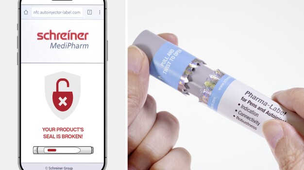 Beim Auslesen des NFC-Labels zeigt das Smartphone eindeutig an, wenn das Injection Device bereits zuvor geöffnet wurde. © Schreiner MediPharm / While the NFC-Label is being read the smartphone clearly indicates if the injection device has been opened before. © Schreiner MediPharm