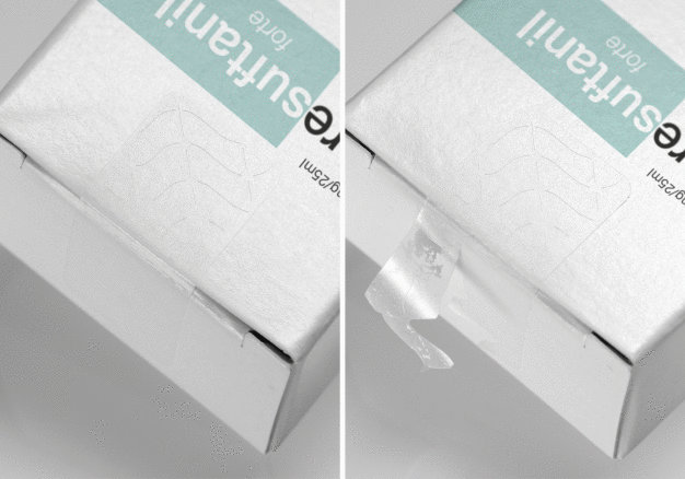 Das Multi-Tear Closure Label mit der Fiber-/Film-Tear Kombination bietet einen doppelten und zuverlässigen Manipulationsschutz. / The Multi-Tear Closure Label with the fiber-/film-tear combination offers double and reliable tamper protection.