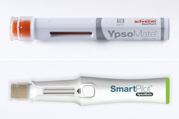 Das NFC-Label von Schreiner MediPharm wird auf den YpsoMate® Autoinjektor appliziert und dient als Kommunikationsschnittstelle zum SmartPilot™. / Schreiner MediPharm's NFC-Label is applied to the YpsoMate® autoinjector and serves as communication interface to the SmartPilot™.