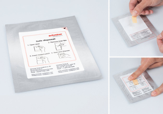 Mit dem Speziallabel Patch-Safe können wirkstoffhaltige Transdermalpflaster nach dem Gebrauch sicher verwahrt und entsorgt werden. / With the Patch-Safe specialty label transdermal patches containing active ingredients can be safely stored and disposed of after they have been used. 