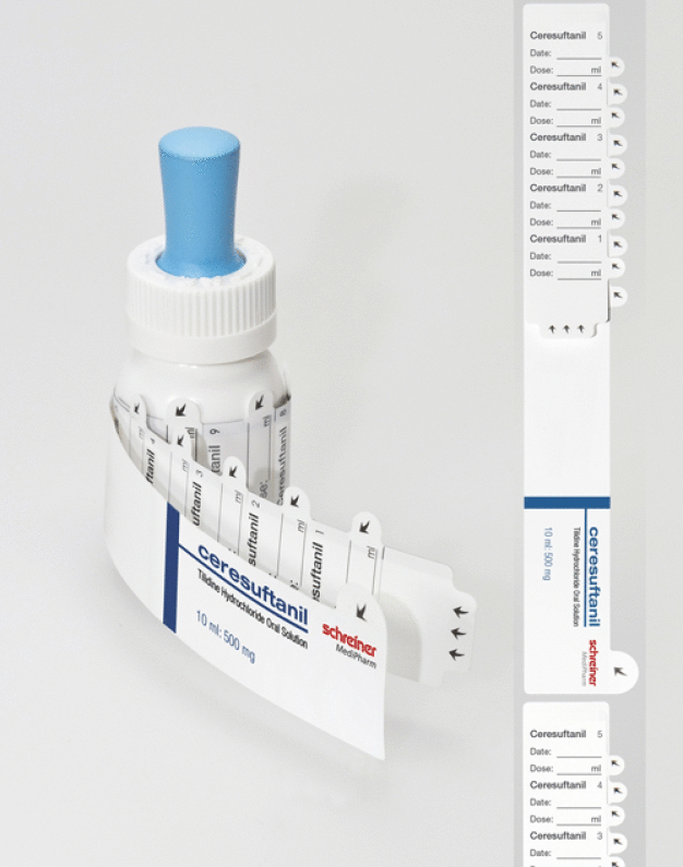 Das neue Pharma-Comb Label besteht aus einer anspruchsvollen zweilagigen Etikettenkonstruktion. / The new Pharma-Comb label consists of a sophisticated two-layered construction.