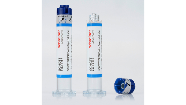 Das Cap-Lock Label von Schreiner MediPharm umschließt die Spritze und Kappe und zeigt die Erstöffnung irreversibel an. © Schreiner MediPharm / The Cap-Lock Label from Schreiner MediPharm wraps around the syringe and cap, and irreversibly indicates first opening. © Schreiner MediPharm