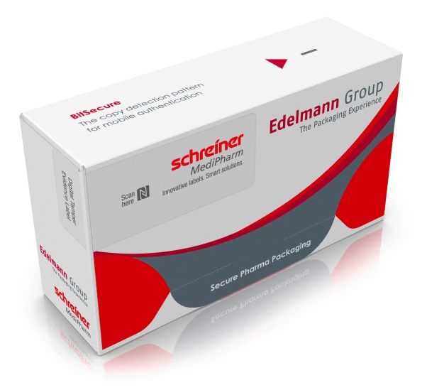 Die von Schreiner MediPharm gemeinsam mit der Edelmann Group entwickelte smarte Verpackung beinhaltet digitale und analoge Technologien zur Produktauthentifizierung und zum Manipulationsnachweis. / The smart packaging solution developed by Schreiner MediPharm jointly with the Edelmann Group includes digital and analog technologies for product authentication and tamper evidence.