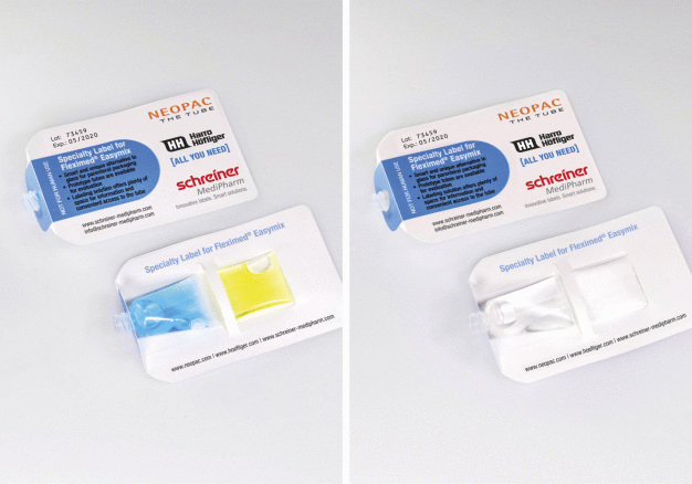 Ganz gleich, ob bei der Fleximed® Easymix-Tube zwei verschiedene Flüssigkeiten (Bild links) oder eine Flüssigkeit und ein Pulver (Bild rechts) miteinander vermischt werden: Das besondere Label umschließt die Tube sicher wie eine Tasche und ermöglicht dennoch eine ungestörte Sicht auf die einzelnen Komponenten der beiden Tubenkammern. / No matter whether two different liquids (pictured left) or a liquid and a powder (pictured right) are mixed in the Fleximed® Easymix tube: The special label encloses the tube as reliably as a pocket and still provides an unobstructed view of the individual components of the two tube chambers. Ganz gleich, ob bei der Fleximed® Easymix-Tube zwei verschiedene Flüssigkeiten (Bild links) oder eine Flüssigkeit und ein Pulver (Bild rechts) miteinander vermischt werden: Das besondere Label umschließt die Tube sicher wie eine Tasche und ermöglicht dennoch eine ungestörte Sicht auf die einzelnen Komponenten der beiden Tubenkammern. / No matter whether two different liquids (pictured left) or a liquid and a powder (pictured right) are mixed in the Fleximed® Easymix tube: The special label encloses the tube as reliably as a pocket and still provides an unobstructed view of the individual components of the two tube chambers.