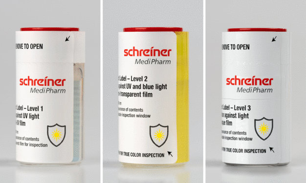 Drei verschiedene Labels in den Sicherheitsstufen 1 bis 3 (von links nach rechts) gewährleisten einen zuverlässigen UV- und Lichtschutz für empfindliche Flüssigpräparate. / Three different labels of safety levels 1 to 3 (from left to right) guarantee reliable UV and light protection for sensitive liquid preparations.