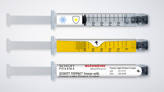 Freeze-Light-Protect haftet auch bei hohen Minustemperaturen zuverlässig auf der Spritze und kann mit unterschiedlichen UV- und Lichtschutzlevels ausgestattet werden. / Freeze-Light-Protect reliably adheres to the syringe even at temperatures far below zero and can be provided with a variety of UV and light protection levels.