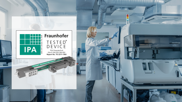 TOX PRESSOTECHNIK beauftragte das Fraunhofer-Institut für Produktionstechnik und Automatisierung mit der Überprüfung des ElectricDrive Core-Antriebs. Das Ergebnis: Die Servopresse entspricht der Luftreinheitsklasse 5 gemäß ISO 14644-1 / TOX PRESSOTECHNIK commissioned the Fraunhofer Institute for Manufacturing Engineering and Automation with inspecting the ElectricDrive Core drive. The result: The servo press corresponds to air purity class 5 in accordance with ISO 14644-1 . ©TOX PRESSOTECHNIK GmbH & Co. KG