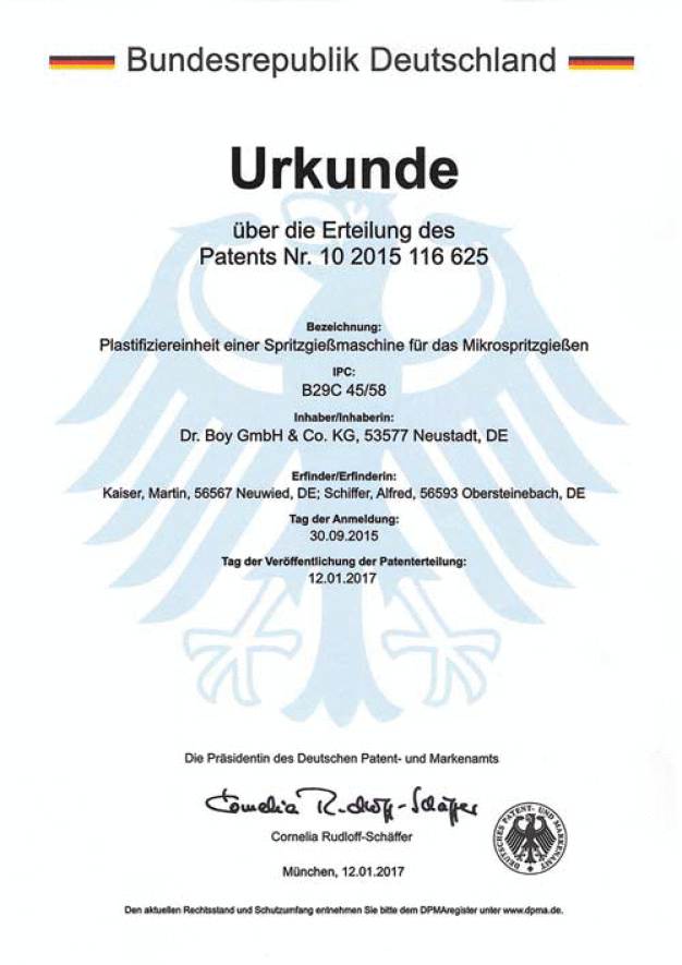 Urkunde über die Erteilung des Patents / Certificate of patent