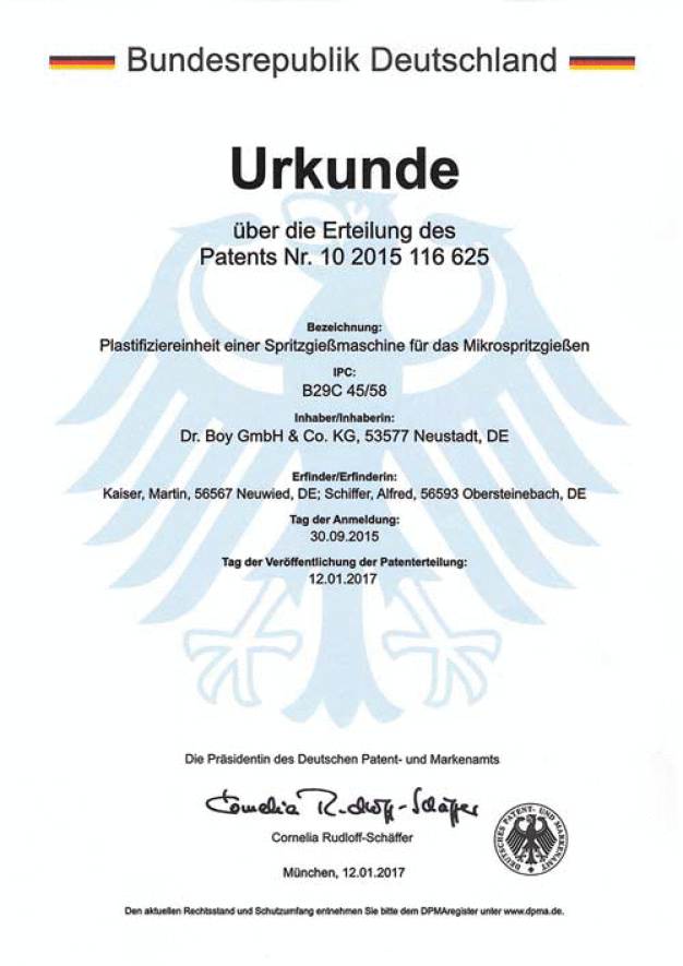 Urkunde über die Erteilung des Patents / Certificate of patent