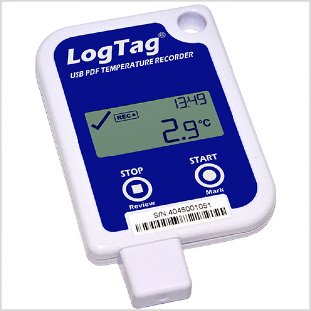 Temperatur-Datenlogger UTRID-16 mit integriertem USB-Anschluss und Display.