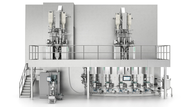 Mit der Xelum Plattform bietet Syntegon eine flexible Lösung sowohl für die kontinuierliche Wirbelschichtgranulation als auch für die kontinuierliche Direktverpressung. / With the Xelum platform, Syntegon offers a flexible solution for both continuous fluid bed granulation and continous direct compression.