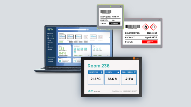 Die VEYA-Lösung besteht aus einem Dashboard, LCD-Displays und digitalen Labeln.