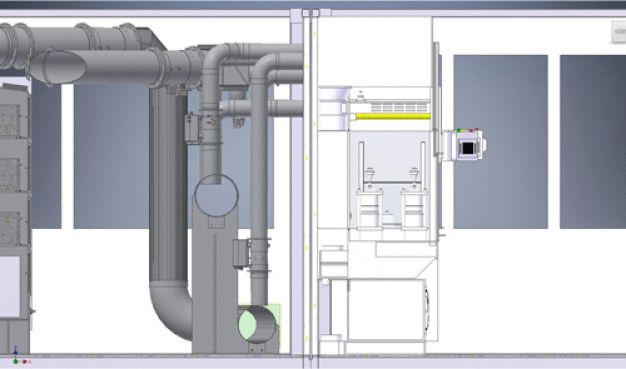 Virtueller Schnitt zwischen dem Technikraum und einer Workstation mit metallfreier Destillationsanlage für Säuren. © MK Versuchsanlagen