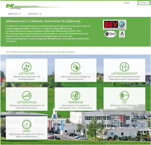 Abbildung 2: Die Website www.kalibrierdienst.at informiert über alle Kalibrierdienstleistungen von E+E Elektronik. (Foto: E+E Elektronik GmbH) / Figure 2: The website www.eplusecal.com provides information about all the calibration services offered by E+E Elektronik. (Photo: E+E Elektronik GmbH)