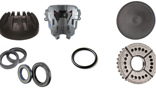 Auf Wickert-Pressen gefertigte Elastomerformteile (von links nach rechts, obere Reihe): Absperrventile für Erdöl- oder Erdgasbohrung, Gummimembran, (untere Reihe) Simmeringe, O-Ring, Kupplung aus einer Gummi-Metallverbindung mit einem Durchmesser von 2 Metern. (Copyright: Wickert)