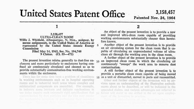 Das erste Patent (Auszug) auf einen Reinraum, angemeldet von Willis Whitfield. / The first patent (extract) of a cleanroom, filed by Willis Whitfield. © United States Patent Office