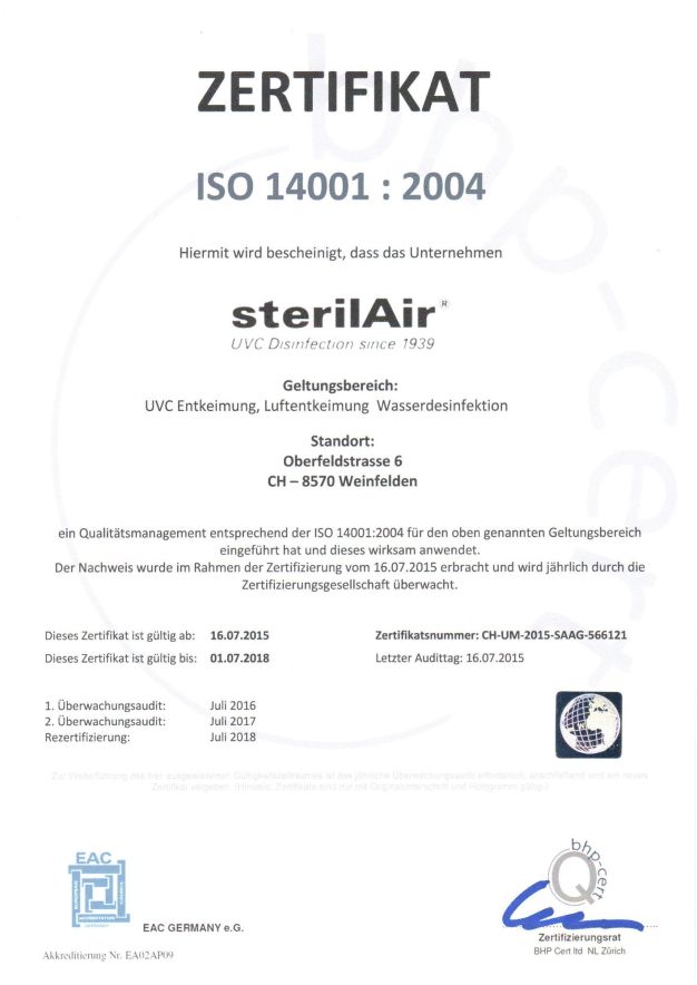 Seit Juli 2015 kann die schweizerische sterilAir AG die weltweit anerkannten Anforderungen der Umweltmanagementnorm ISO 14001 erfüllen und wurde dementsprechend mit einem Zertifikat ausgezeichnet. (Quelle: sterilAir AG)
