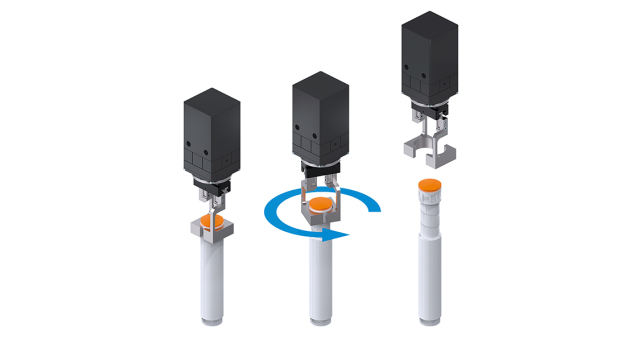 Eine Kombination aus dem Greifer GEP2000 und einem Drehmodul ermöglicht automatisiertes De- und Recapping.