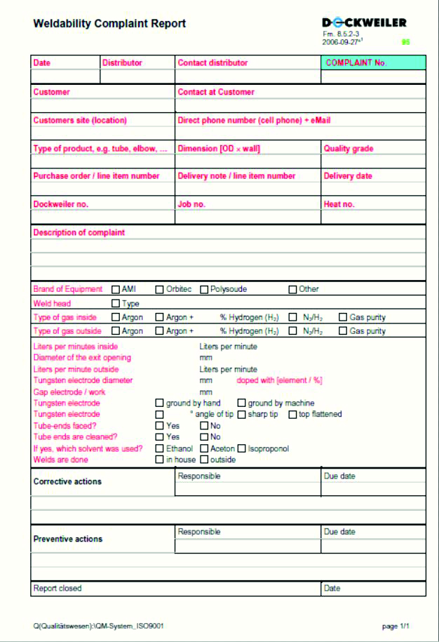 Abb. 6: Von Dockweiler im Falle von Schweißproblemen zur Verfügung gestellter Vordruck „Weldability Complaint Report“. / Fig. 6: Dockweiler’s Weldability Complaint Report.